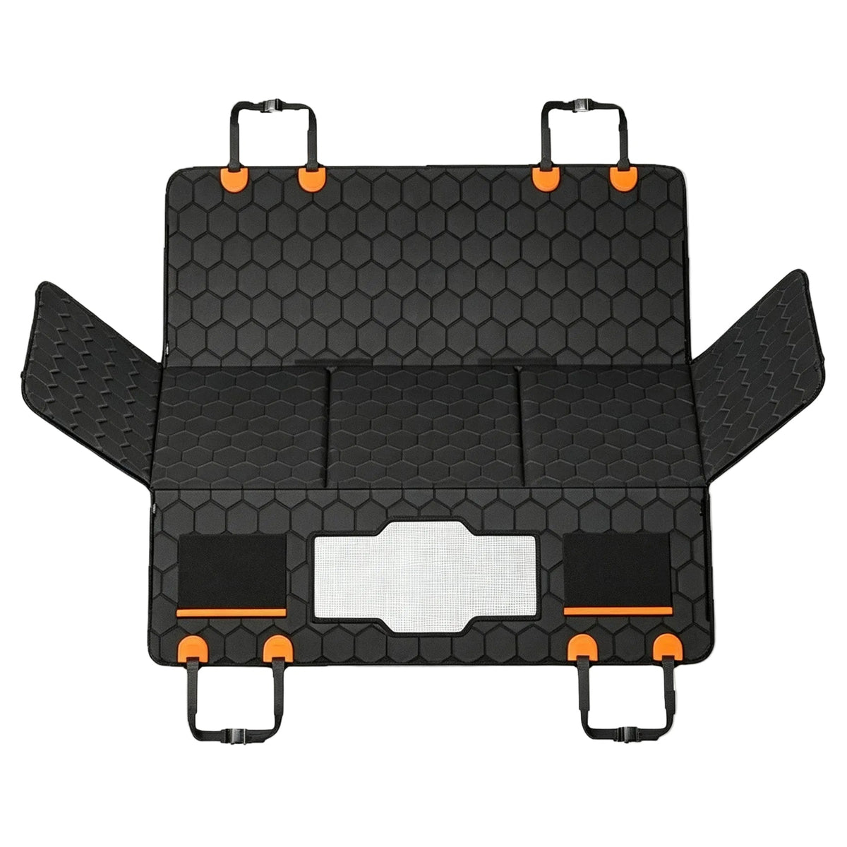 A black silicone folding mat with a honeycomb pattern, orange accents, and four hanging loops, shown open on a white background.