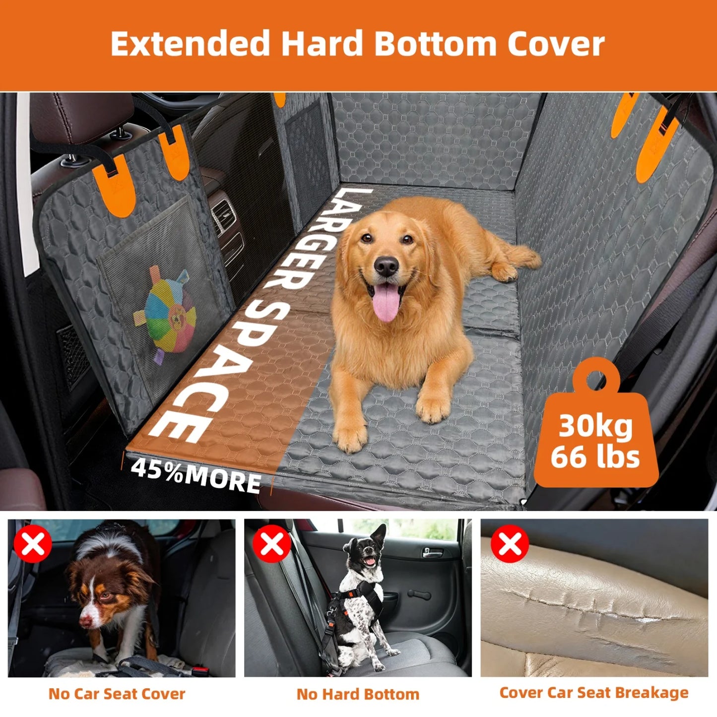 Waterproof Dog Car Seat Cover & Back Seat Extender – Hard Bottom Hammock Bed with Pockets, Backseat Protector for Pets