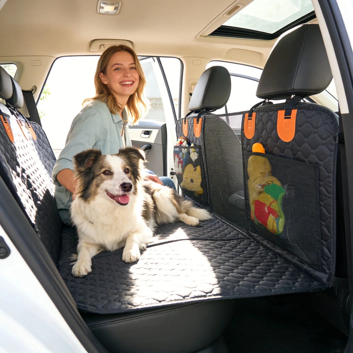 Waterproof Dog Car Seat Cover & Back Seat Extender – Hard Bottom Hammock Bed with Pockets, Backseat Protector for Pets