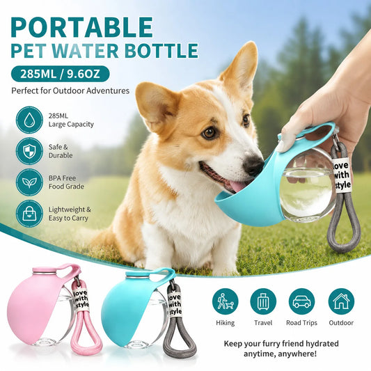 Portable Dog Water Bottle 285ml – 2-in-1 Stainless Steel Travel Pet Drinker with Removable Silicone Bowl