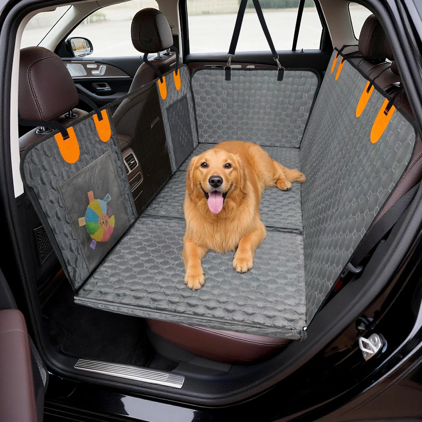 Waterproof Dog Car Seat Cover & Back Seat Extender – Hard Bottom Hammock Bed with Pockets, Backseat Protector for Pets